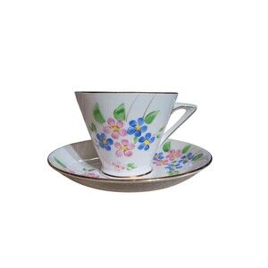 VINTAGE WOODLANDS TEA CUP & SAUCER PINK AND BLUE FLORAL BONE CHINA